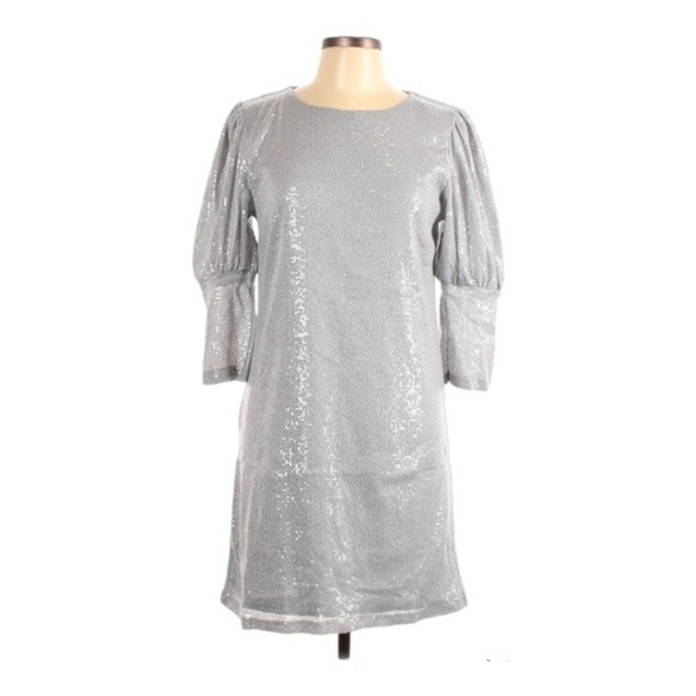NWT Carla Conti Silver Sequin Balloon Sleeve Sheath dress L - Picture 2 of 10